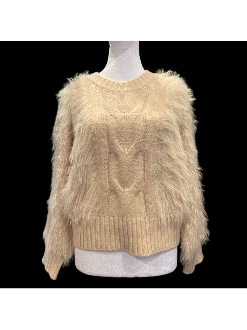 Cream Eyelash Yarn Cable Knit Cropped Sweater Faux Fur Textured Cozy Knit